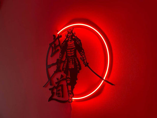 Samurai Metal Wall Art with Neon Light – Japanese Warrior Decor - Metal Art