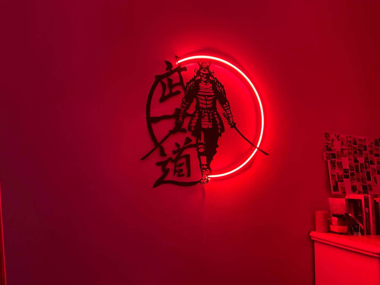 Samurai Metal Wall Art with Neon Light – Japanese Warrior Decor - Metal Art