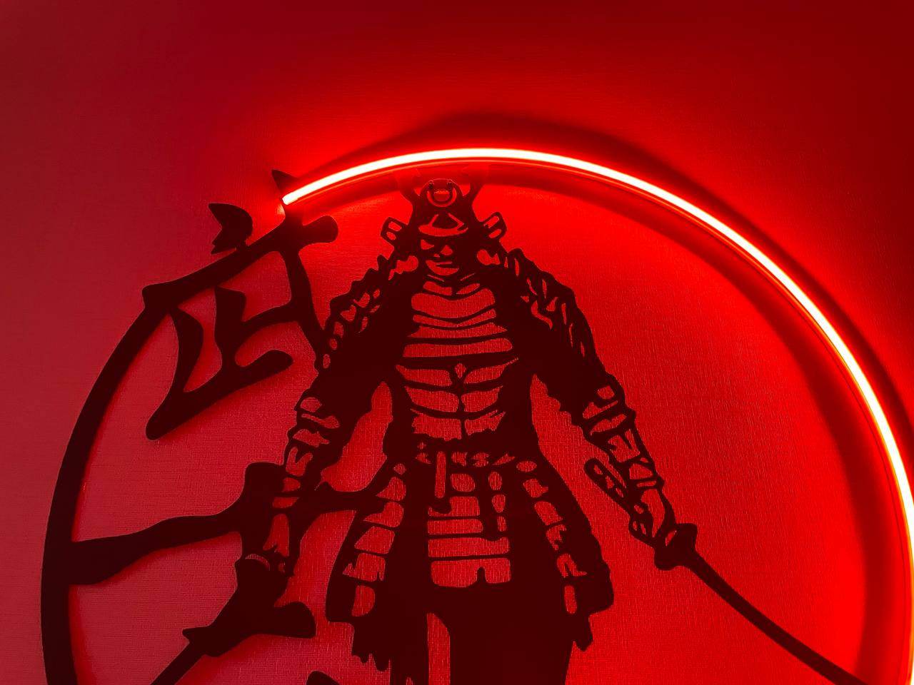 Samurai Metal Wall Art with Neon Light – Japanese Warrior Decor - Metal Art