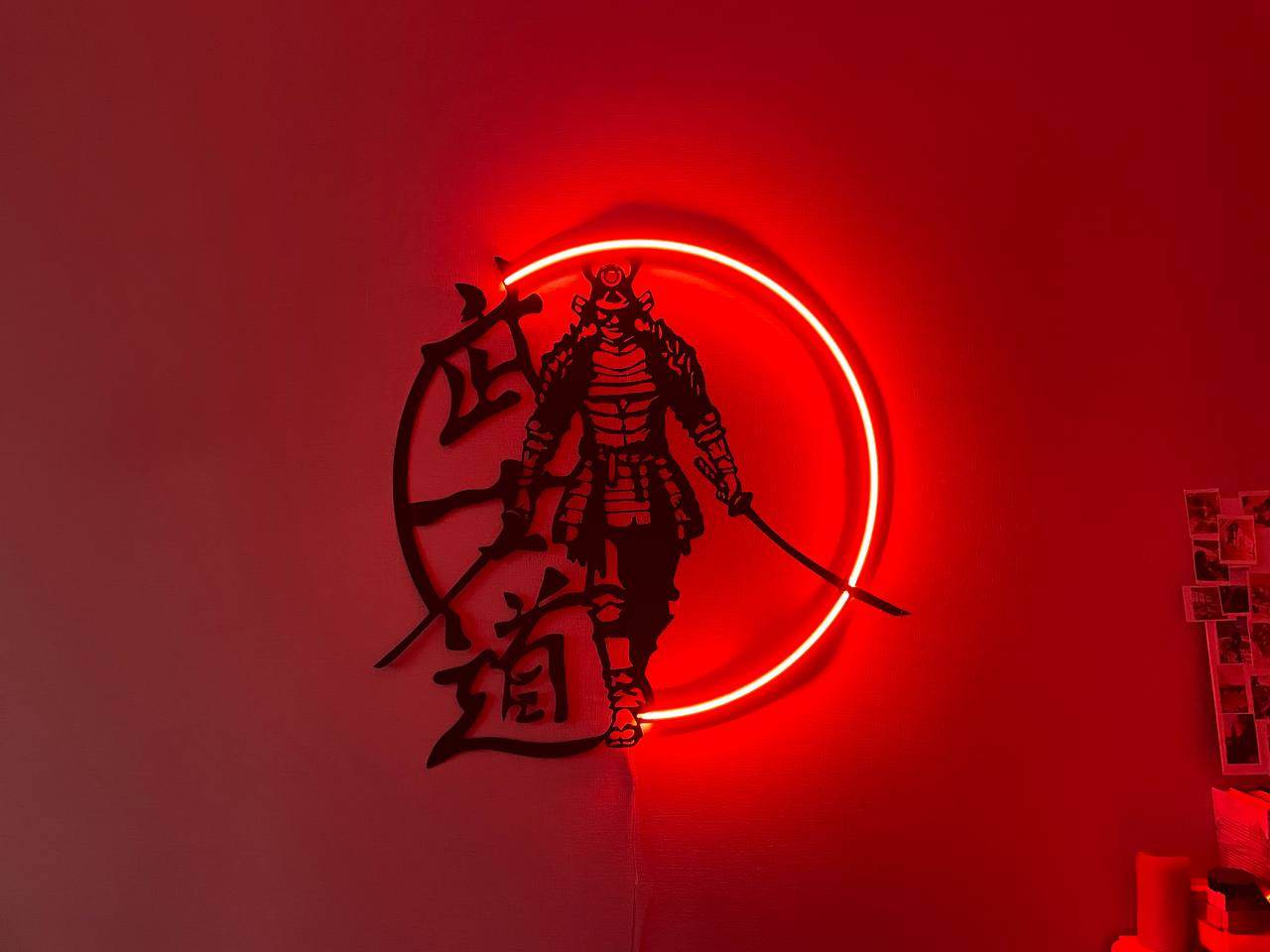 Samurai Metal Wall Art with Neon Light – Japanese Warrior Decor - Metal Art