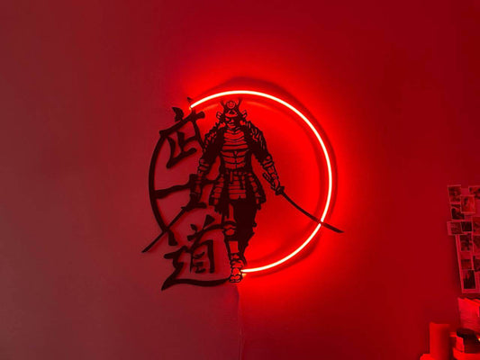 Samurai Metal Wall Art with Neon Light – Japanese Warrior Decor - Metal Art