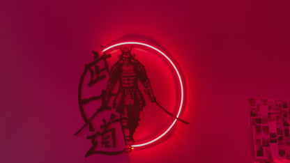 Samurai Metal Wall Art with Neon Light – Japanese Warrior Decor